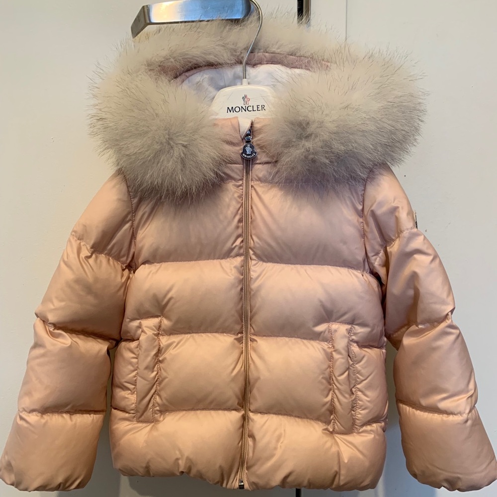 Pink Moncler Coat with white fur for toddler girls
